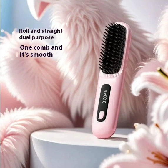 2‑in‑1 Wireless Hair Straightener Brush Fast Heating Curler